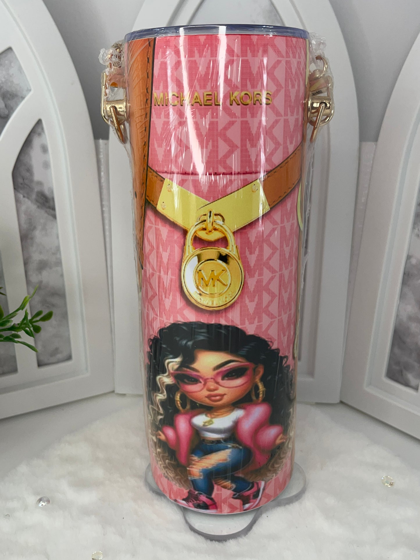 Pink and Gold Purse like Tumbler with Chain Strap