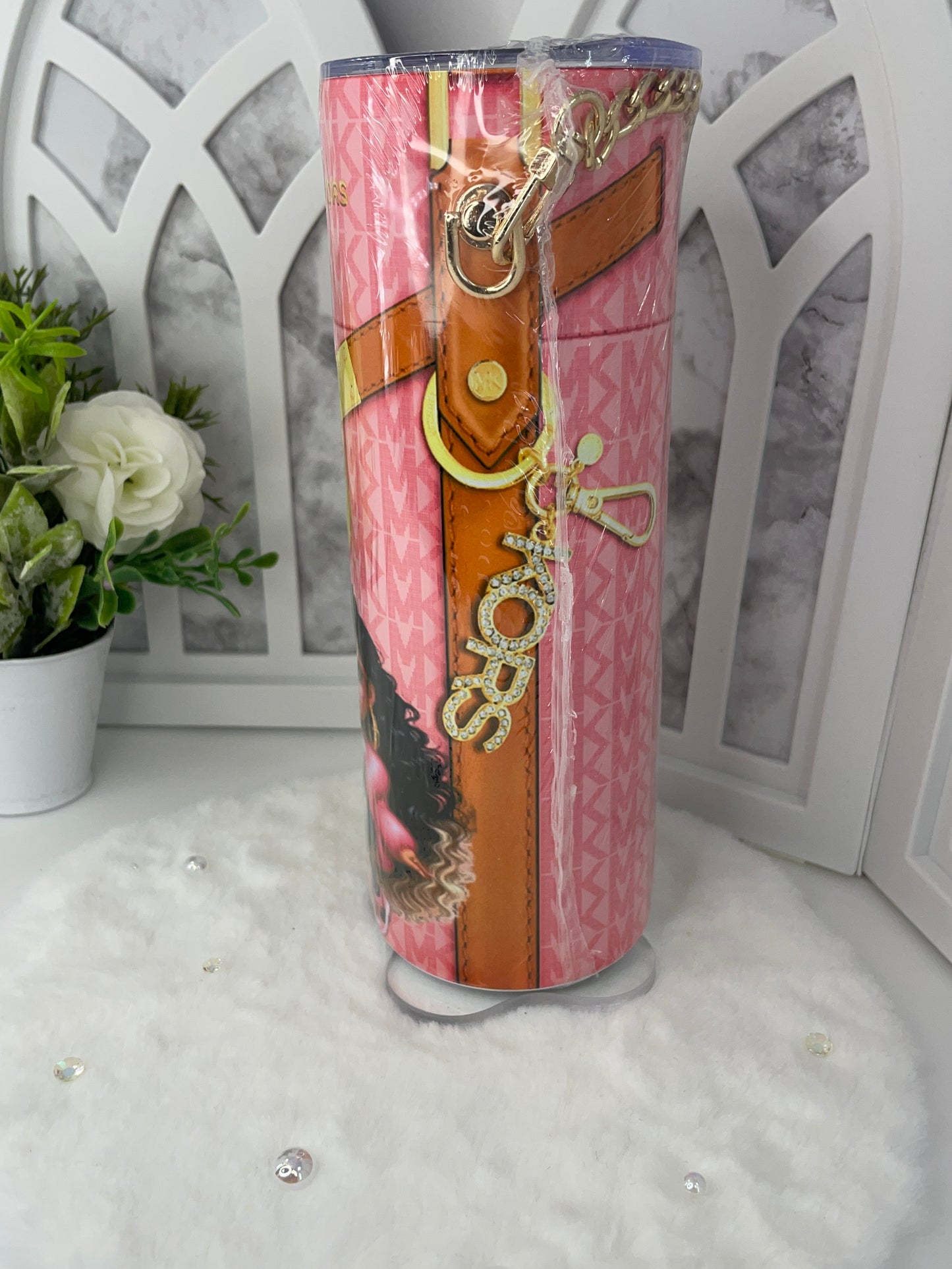 Pink and Gold Purse like Tumbler with Chain Strap