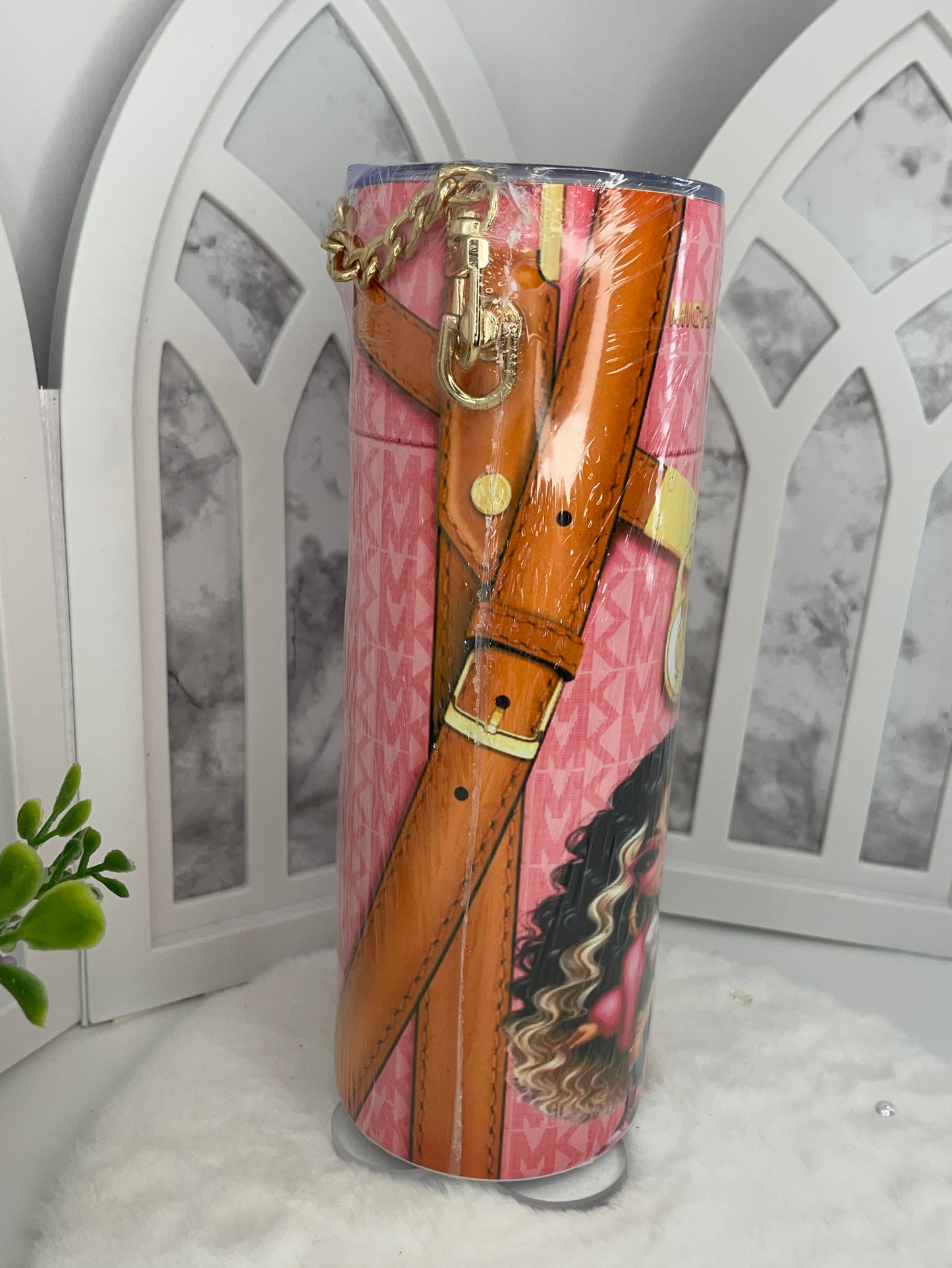 Pink and Gold Purse like Tumbler with Chain Strap