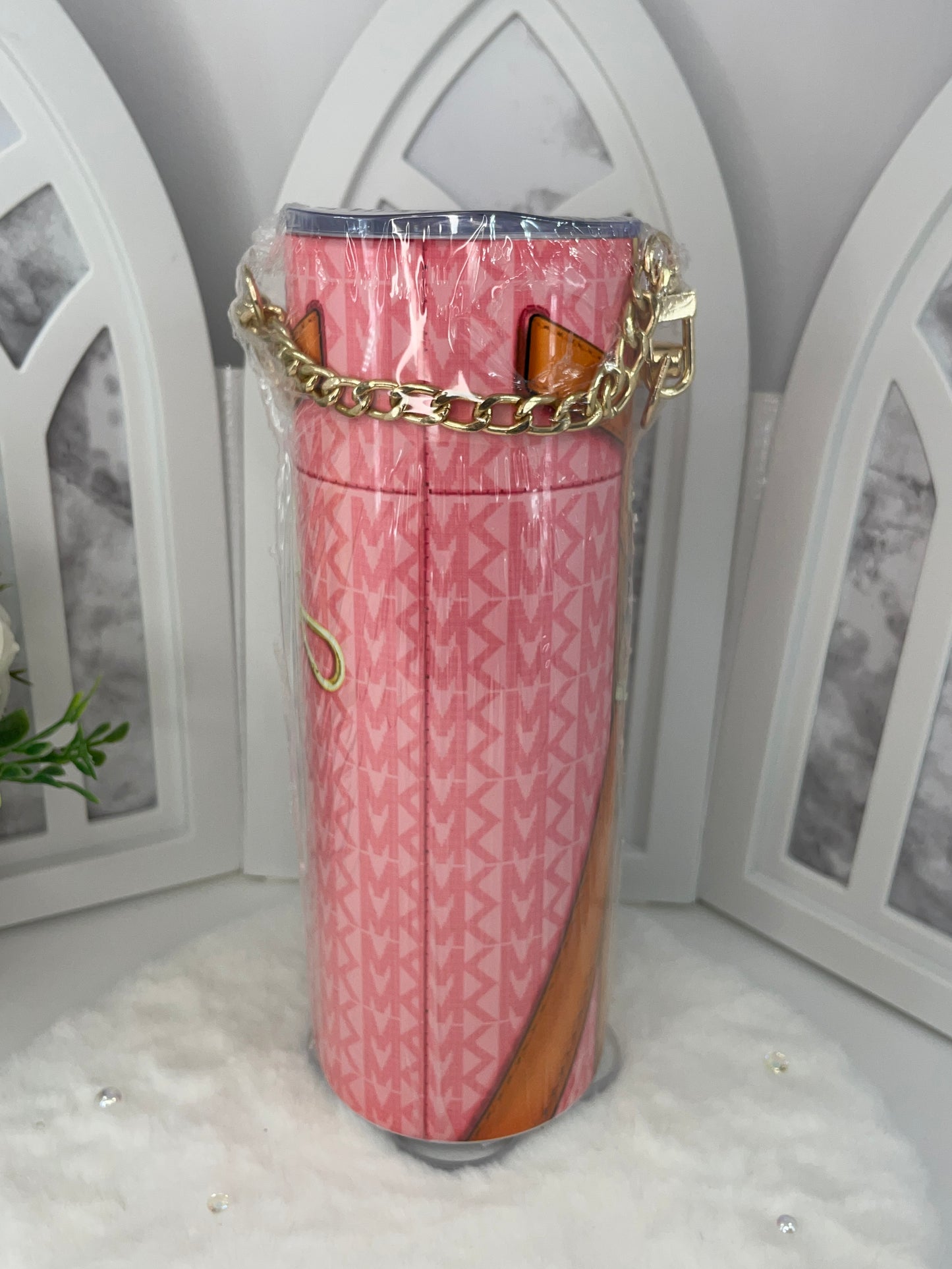 Pink and Gold Purse like Tumbler with Chain Strap