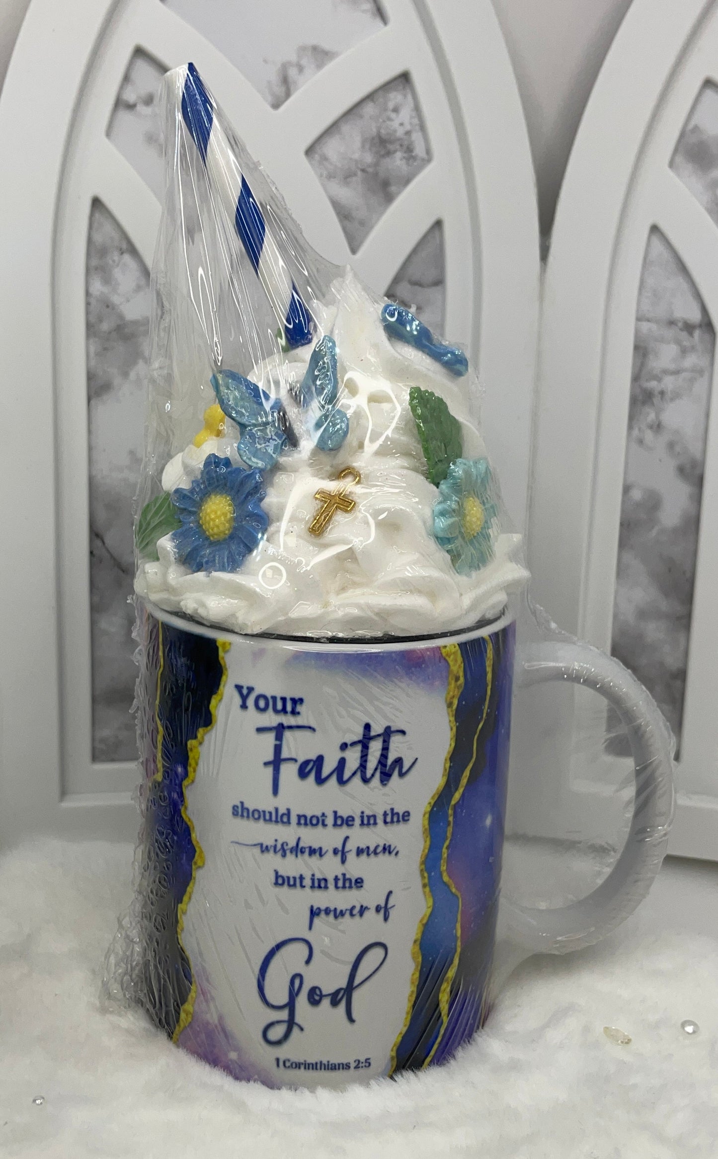 Sublimated Blue Faith Mug with Removable Fake Whipped Cream Topper