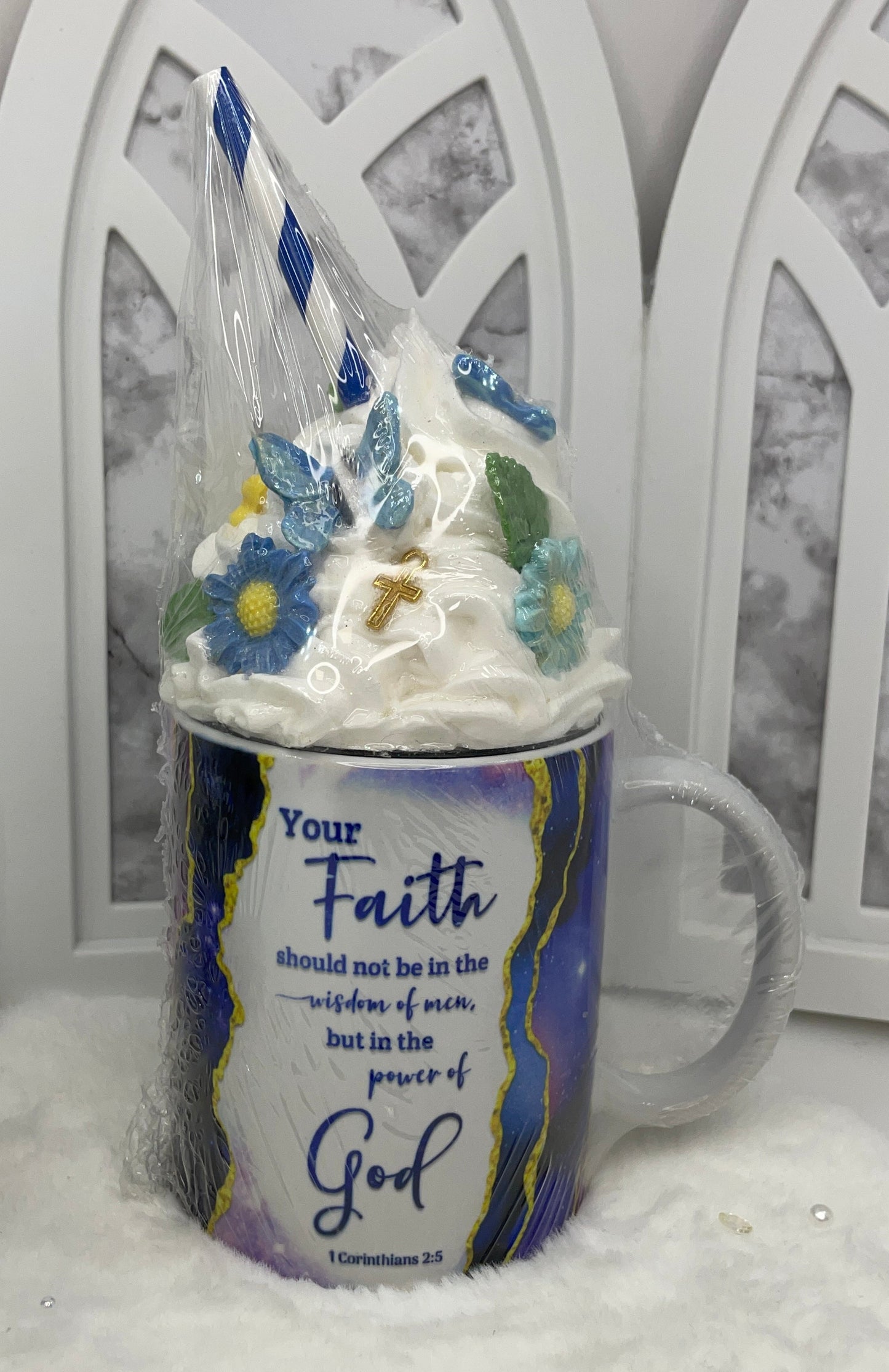 Sublimated Blue Faith Mug with Removable Fake Whipped Cream Topper