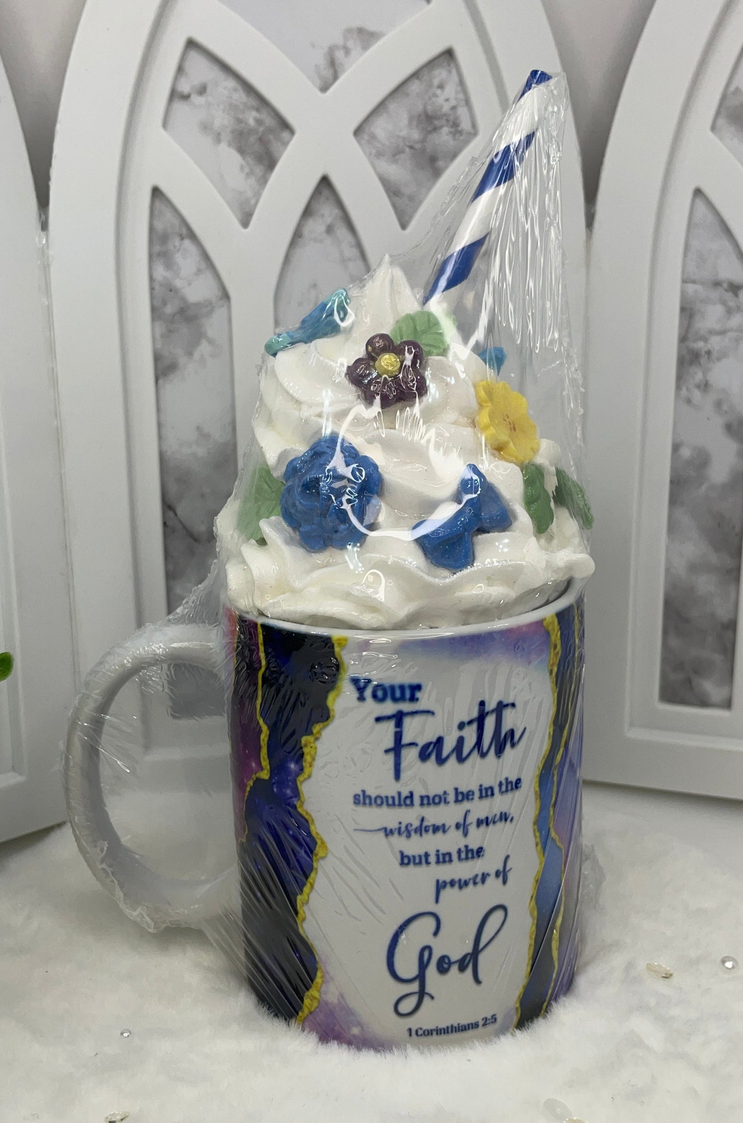 Sublimated Blue Faith Mug with Removable Fake Whipped Cream Topper
