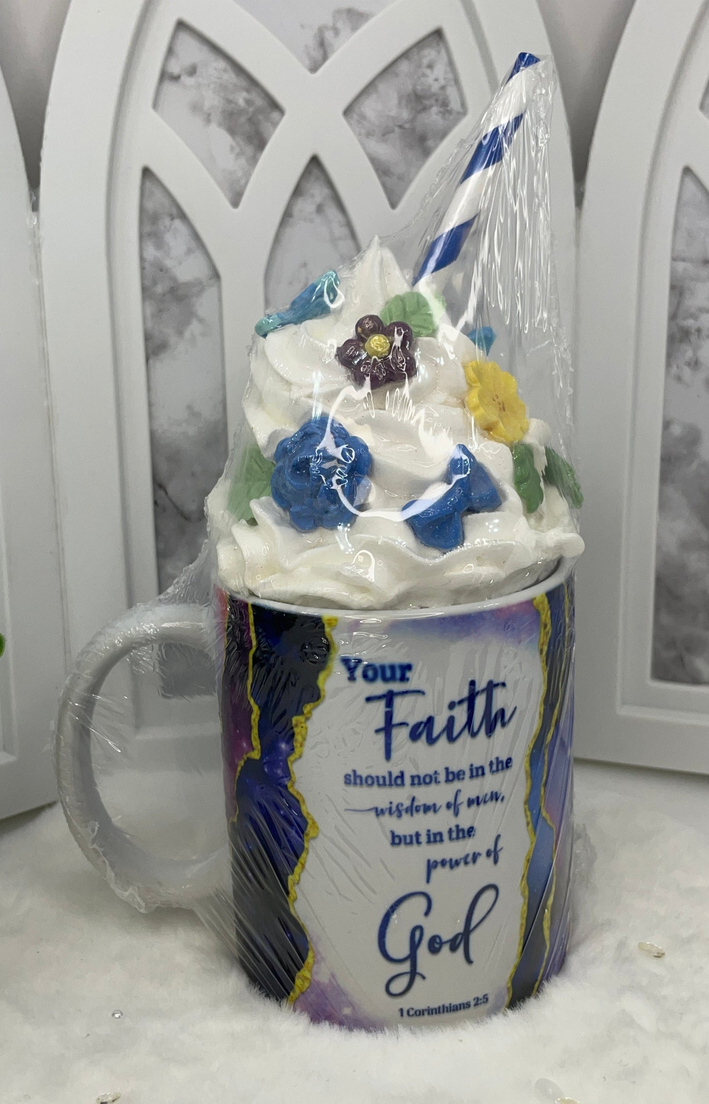 Sublimated Blue Faith Mug with Removable Fake Whipped Cream Topper