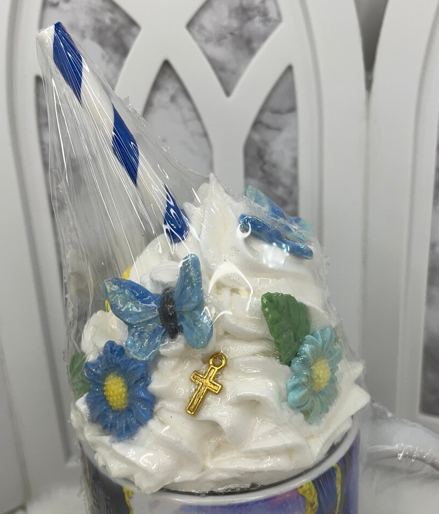 Sublimated Blue Faith Mug with Removable Fake Whipped Cream Topper