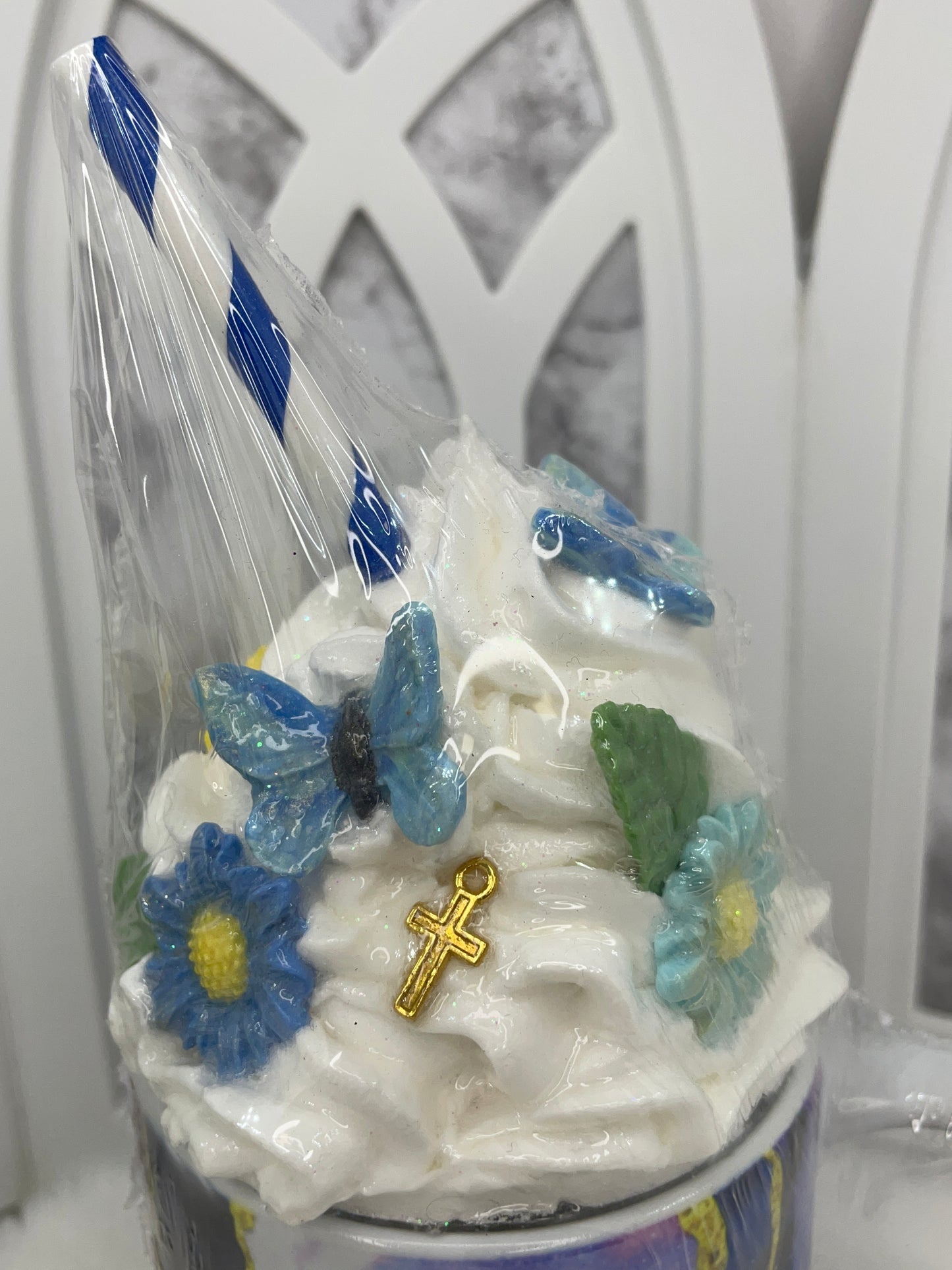 Sublimated Blue Faith Mug with Removable Fake Whipped Cream Topper