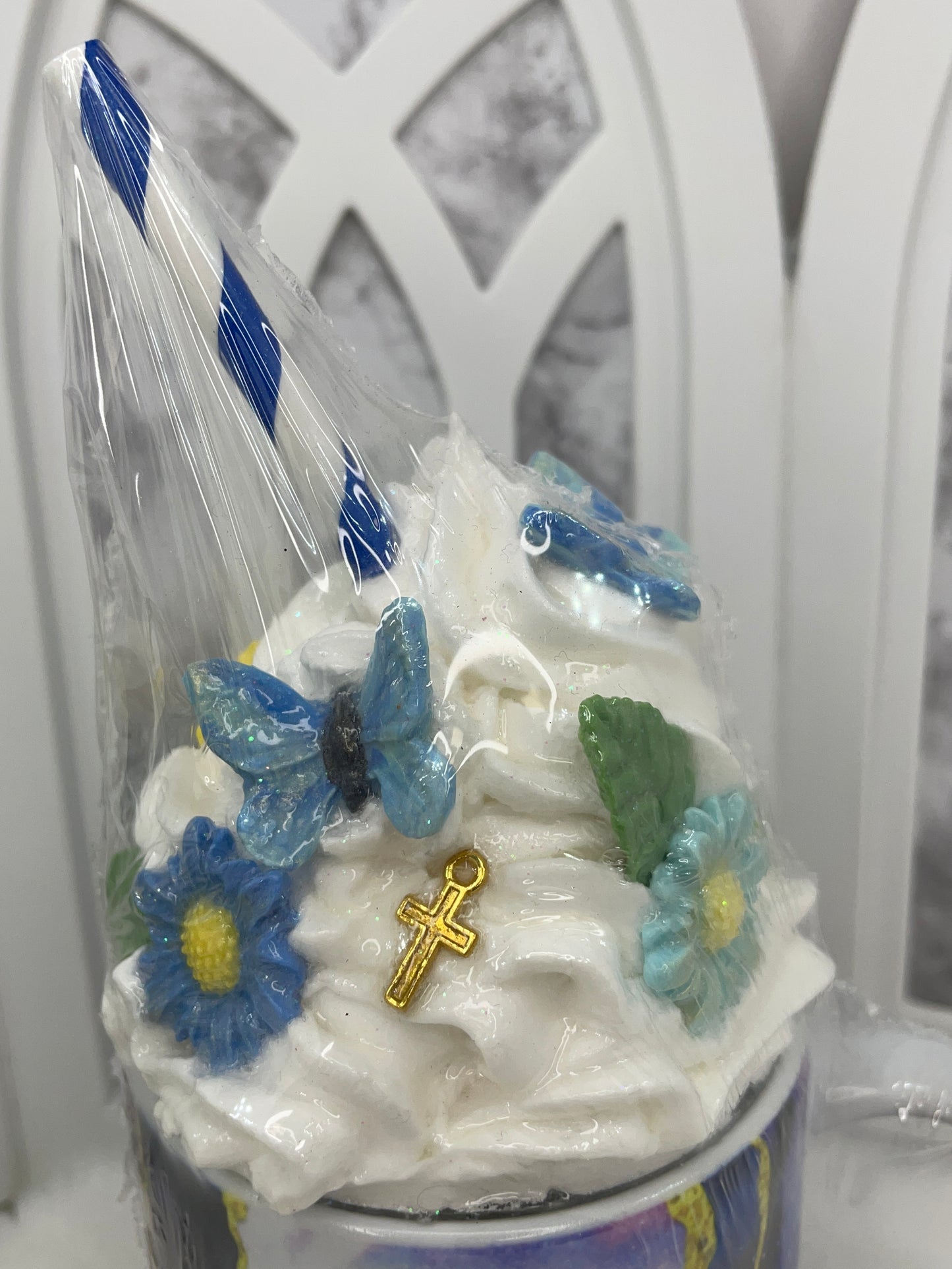 Sublimated Blue Faith Mug with Removable Fake Whipped Cream Topper
