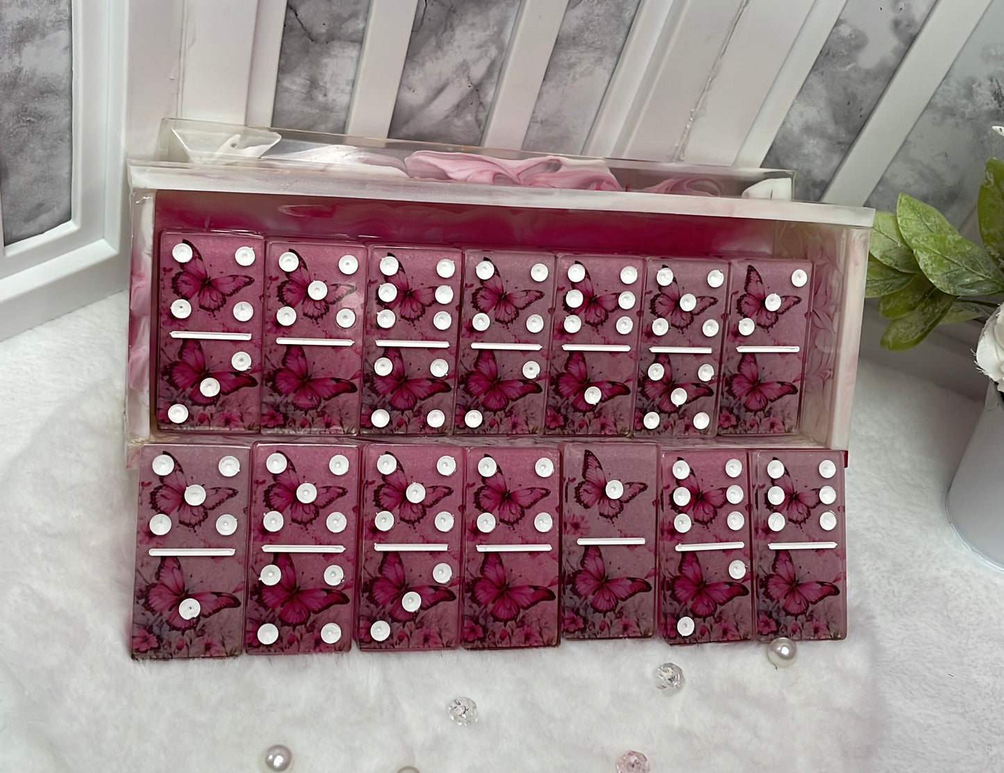 Pink Butterfly Themed Dominoes with Box
