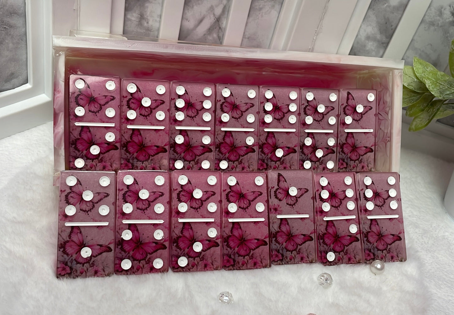 Pink Butterfly Themed Dominoes with Box