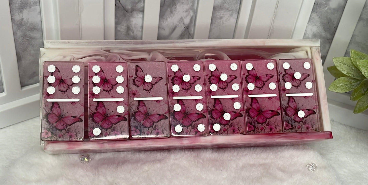 Pink Butterfly Themed Dominoes with Box