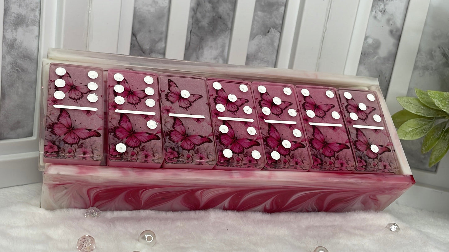 Pink Butterfly Themed Dominoes with Box