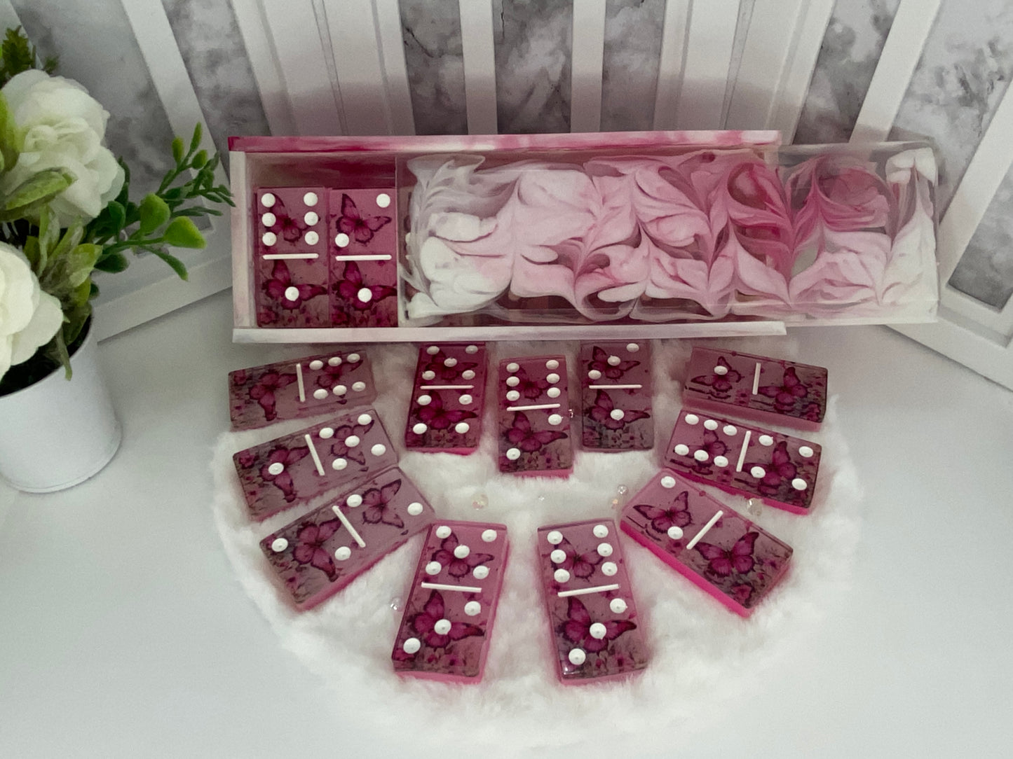 Beautiful Pink Butterfly Themed Dominoes with Matching Box
