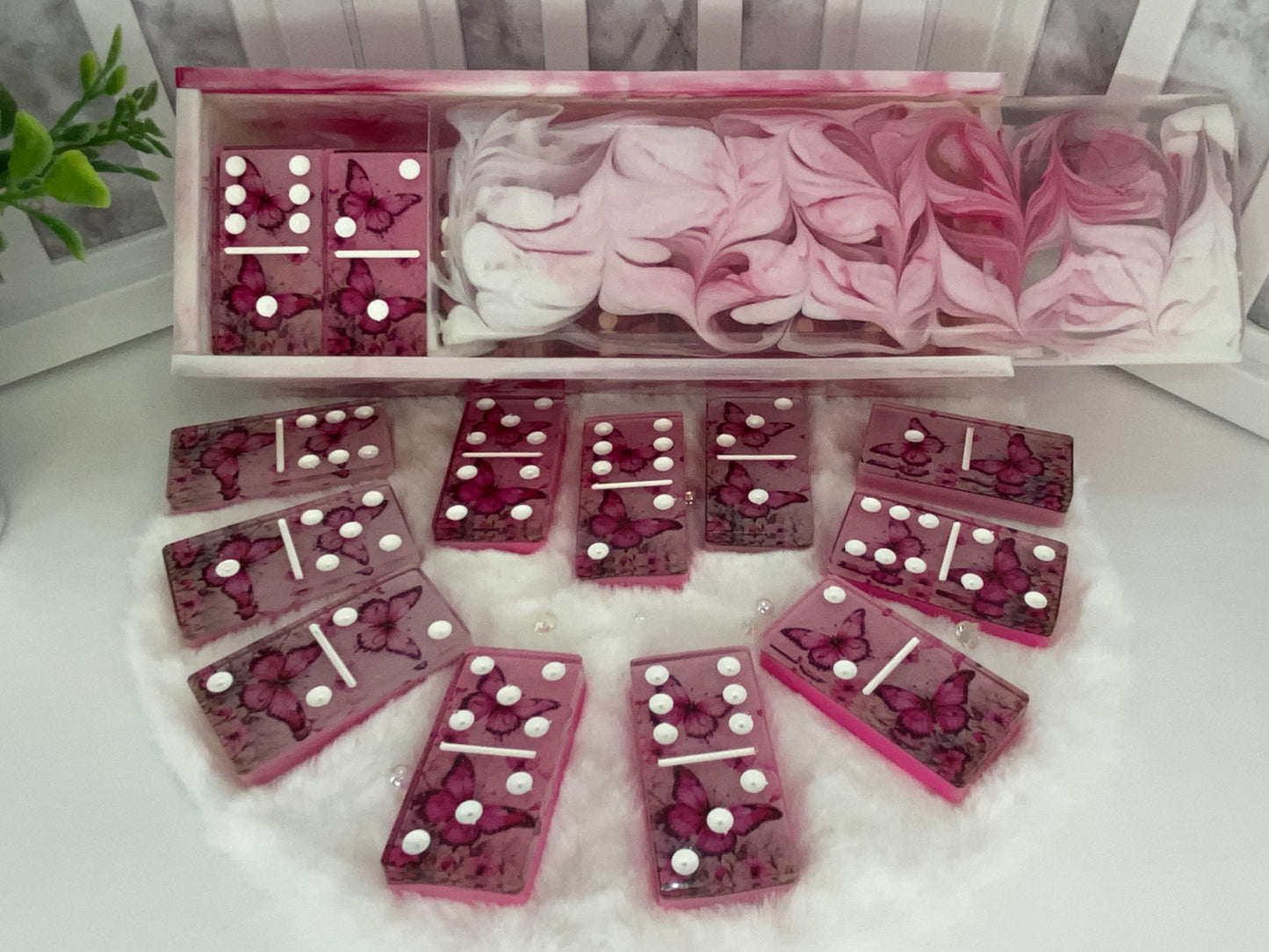 Beautiful Pink Butterfly Themed Dominoes with Matching Box
