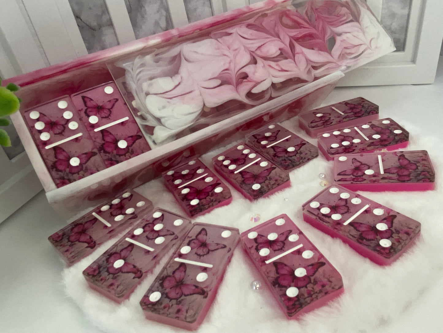 Beautiful Pink Butterfly Themed Dominoes with Matching Box