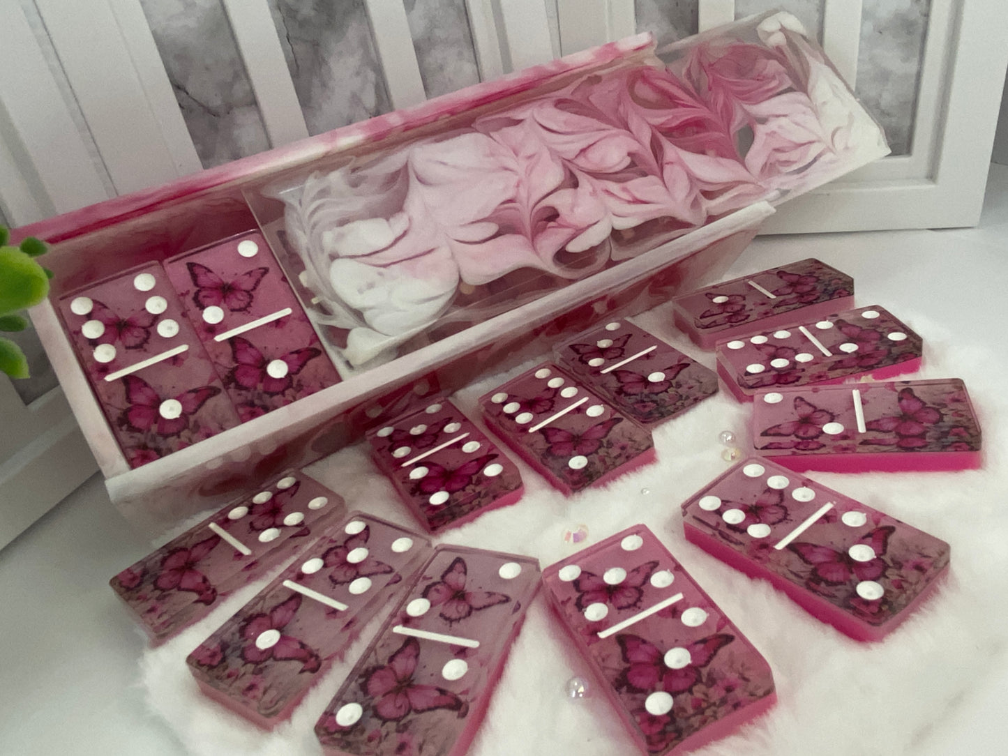 Beautiful Pink Butterfly Themed Dominoes with Matching Box