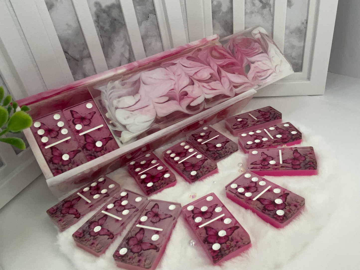 Beautiful Pink Butterfly Themed Dominoes with Matching Box