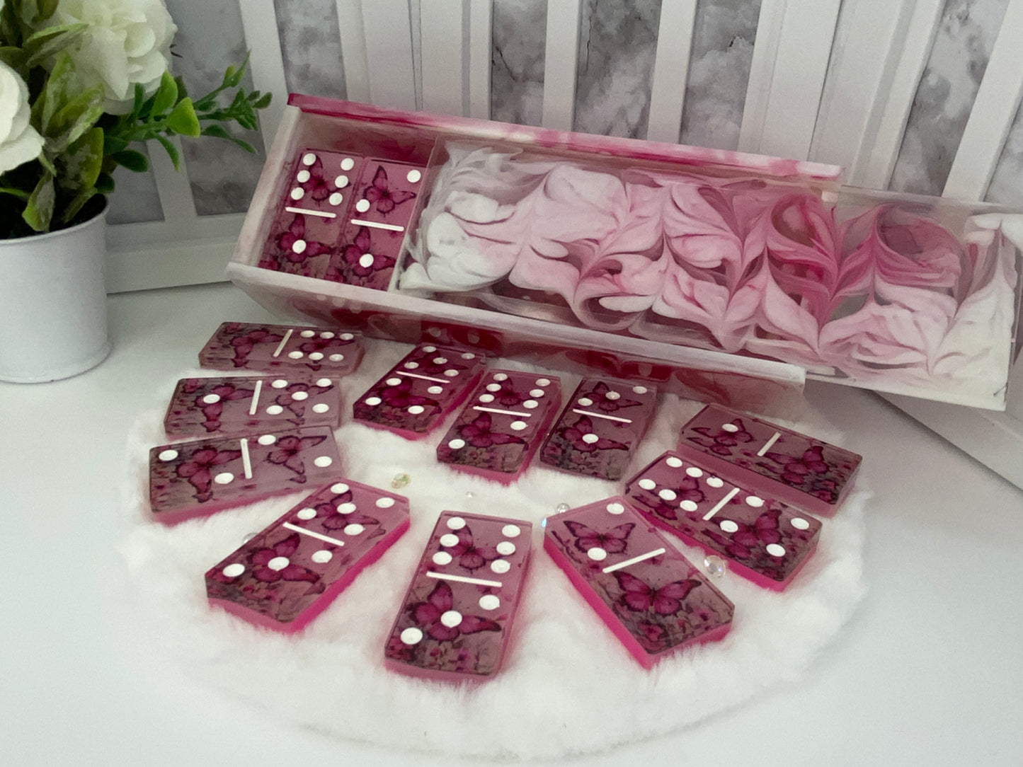 Beautiful Pink Butterfly Themed Dominoes with Matching Box